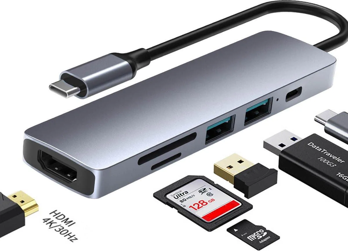 Hub USB-C 7 trong 1 vỏ nhôm với cổng HDMI, USB-A, USB-C và đầu đọc thẻ nhớ
